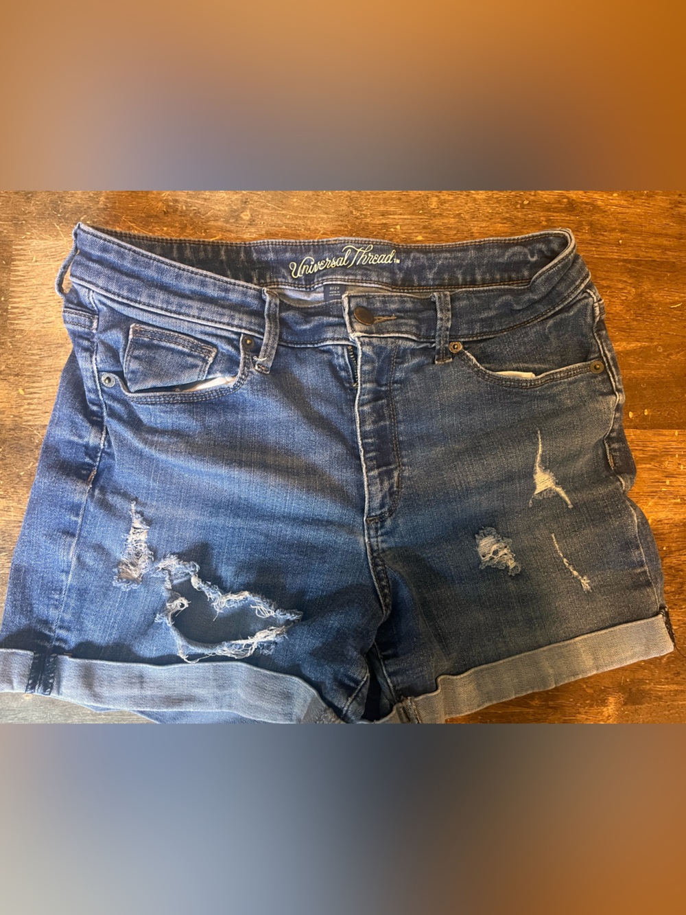 Universal Thread Blue Distressed Rolled-Hem Denim Shorts